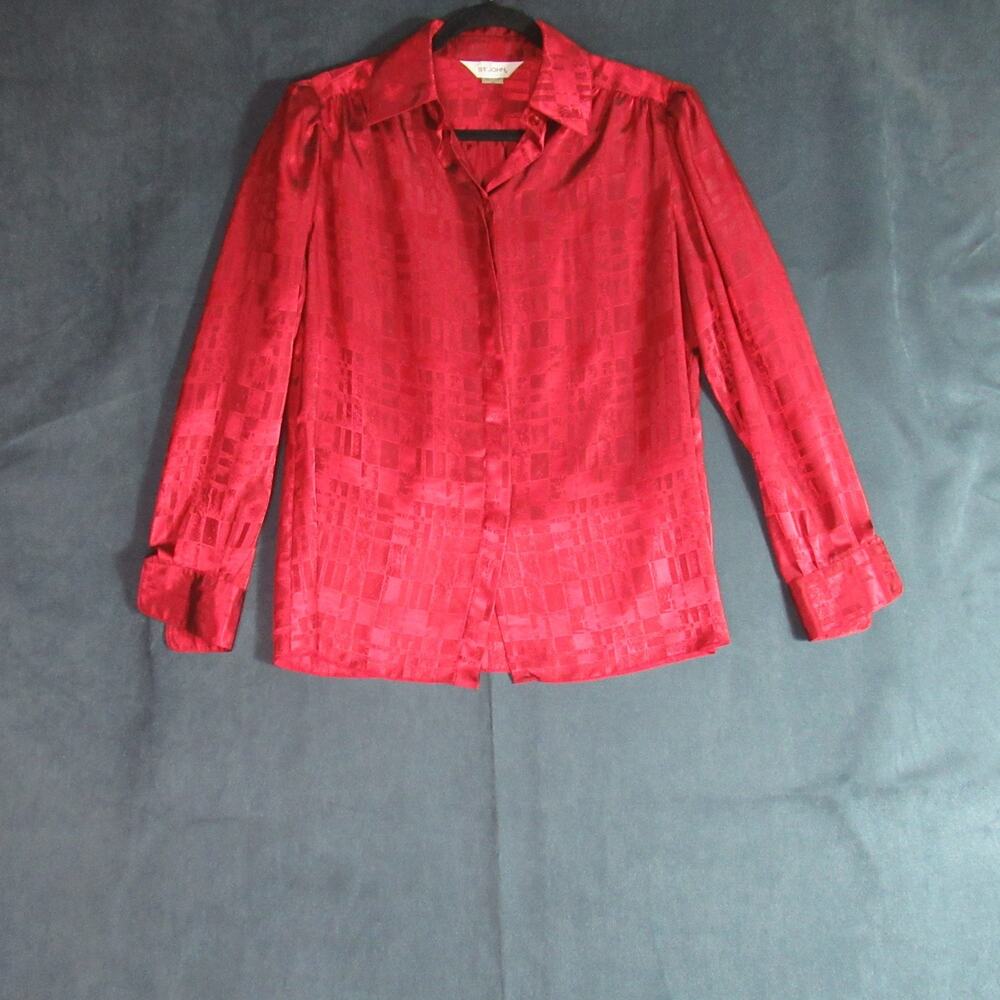St. John Top Womens 10 Red Satiny Geometric Long Sleeve Button Up Blouse Luxury